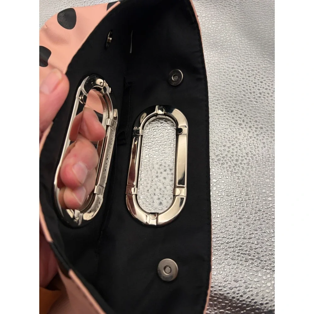 Pink Polka Dot Clutch‎ Bag Silver Metal Handle Pleated Faux Leather Handbag